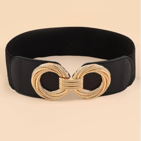Accessories - Black Round Buckle Wide Elastic Belt